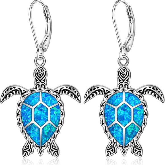 Jewelry - Sterling Silver Turtle Earrings Blue Opal Dangle Ocean Jewelry for Women